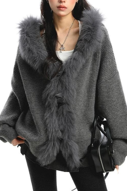 Plush Trim Hooded Button Sweaters
