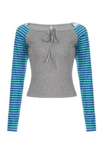 Striped Raglan Tie Neck Crop Tops