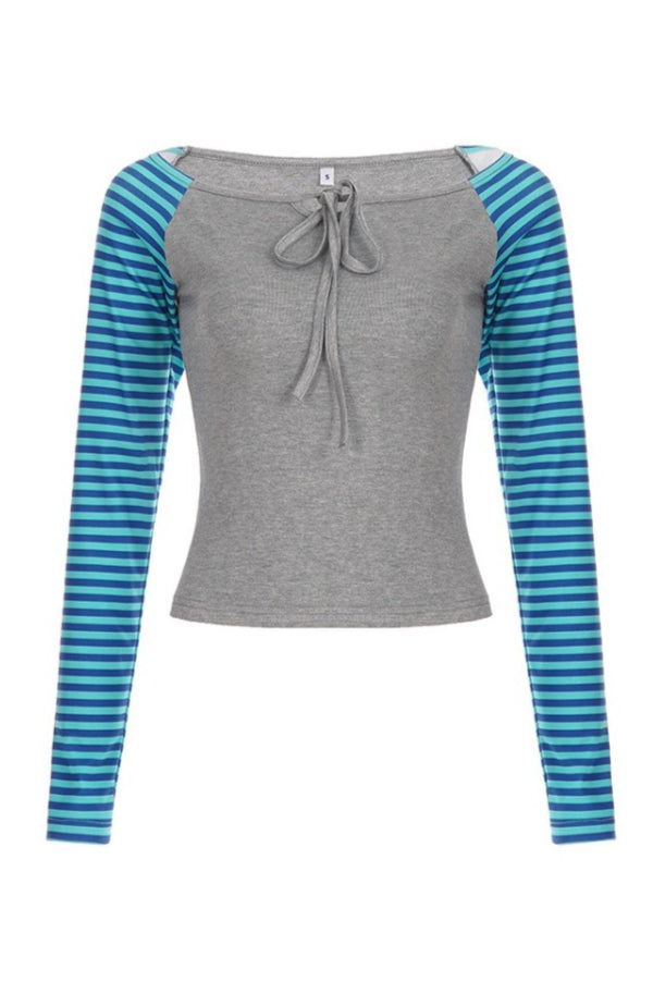 Striped Raglan Tie Neck Crop Tops