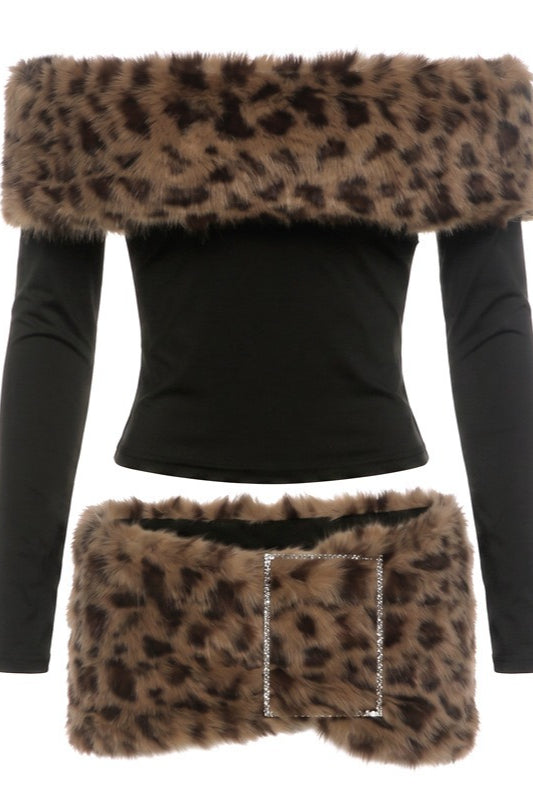 Off Shoulder Top and Leopard Skirt Set