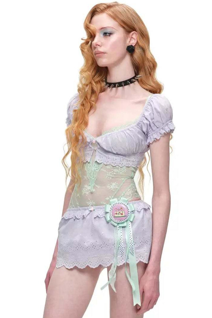 Eyelet Lace Short Sleeve Crop Tops