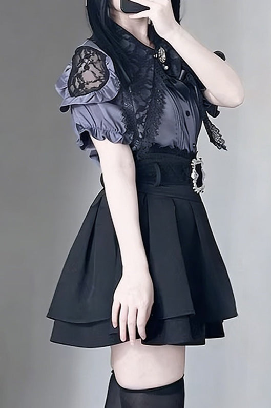 Lace Collar Puff Sleeve Skirt Sets