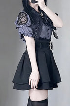 Lace Collar Puff Sleeve Skirt Sets