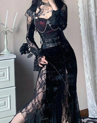 Lace Stitching Long Sleeve Midi Dress