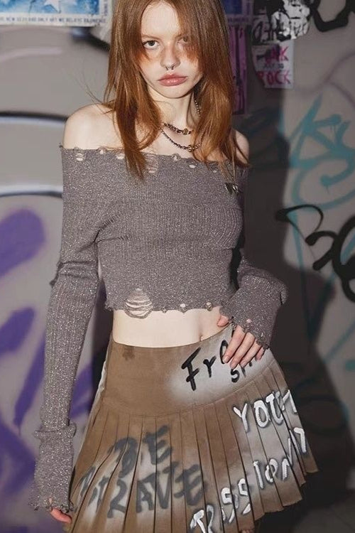 Graphic Fringe Pleated Mini Skirt