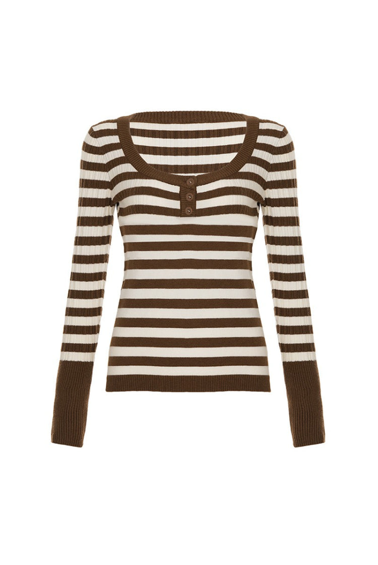 Striped Scoop Neck Button Sweaters