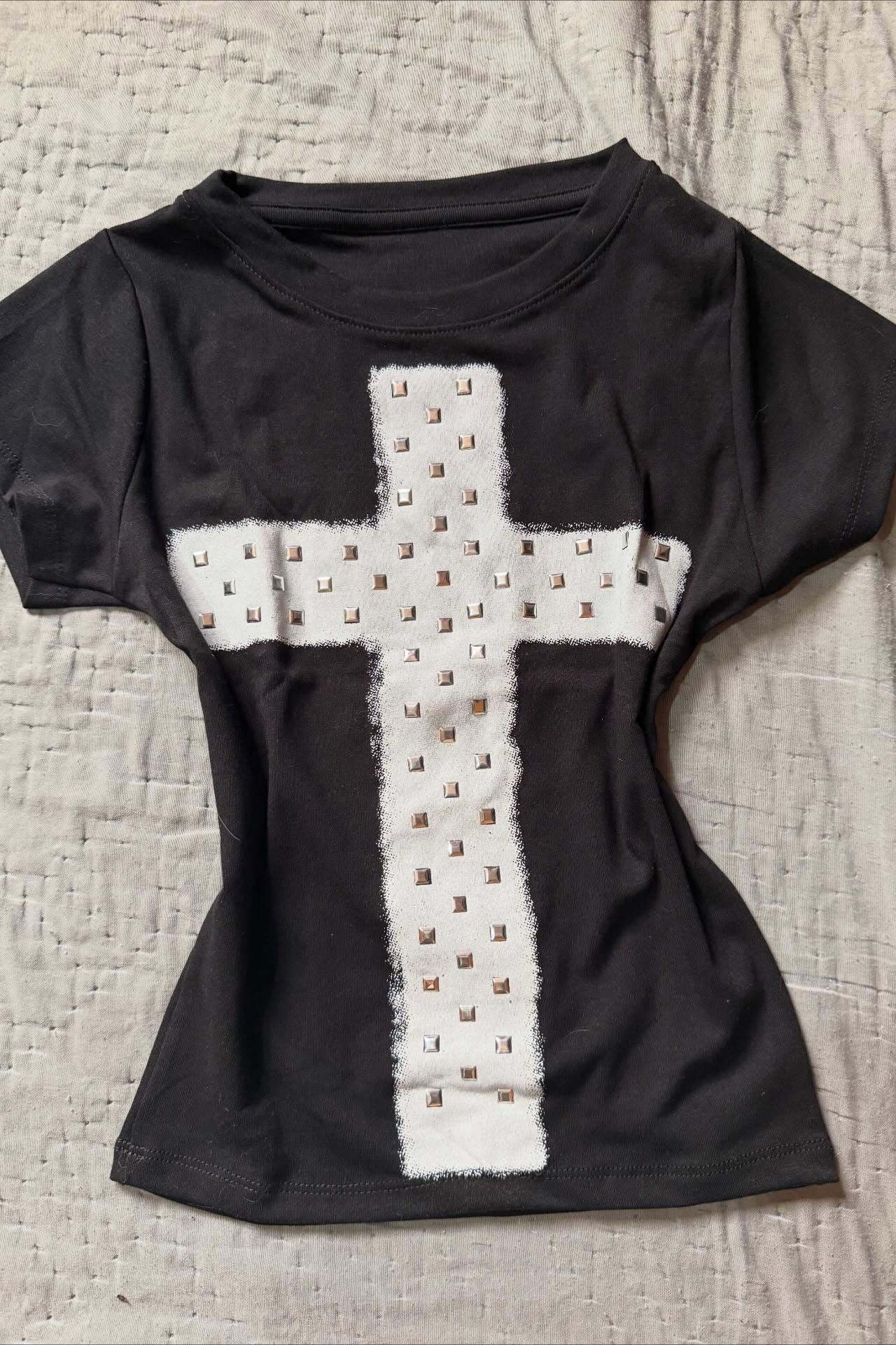 Retro Cross Rhinestone Letter Printed T-shirt Secondary image
