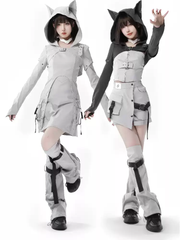 Cyber Techwear Wolf Girl Mini Dress