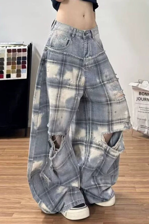 Ripped Plaid Wide Leg Denim Pants