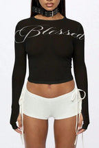 Script Letter Long Sleeve Crop Tops