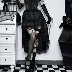 Asymmetric Pleated Lace Black Midi Dress