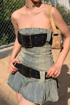 Y2K Washed Denim Pleated Strapless Mini Dress