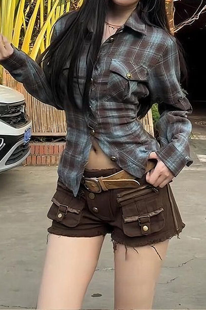 Punk Street Yellow Plaid Graffiti Unisex Loose Blouse Secondary image