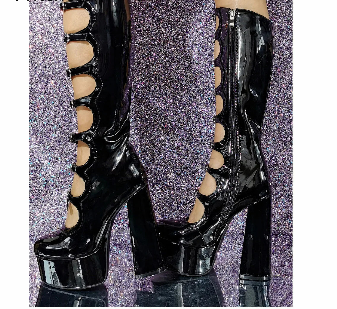 Black Chunky Heel Hollow Mid-Calf Pole Dance Boot
