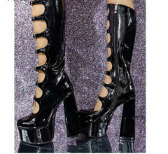 Black Chunky Heel Hollow Mid-Calf Pole Dance Boot