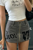 Gray Letter Print Studded Shorts