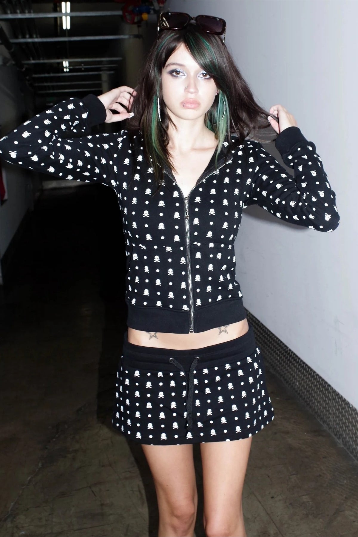 Skull Print Zip Hoodie Skirt Sets