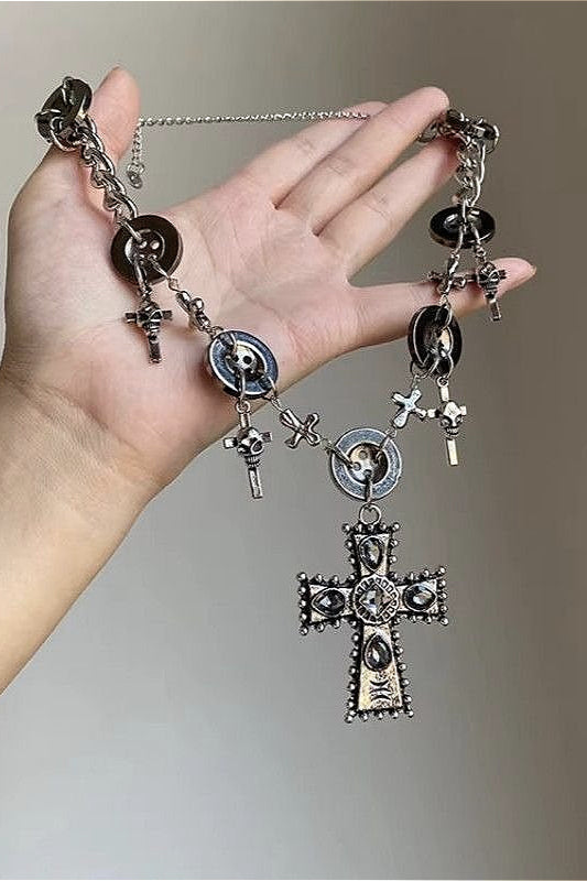 Dark Contract Punk Cross Button Necklace