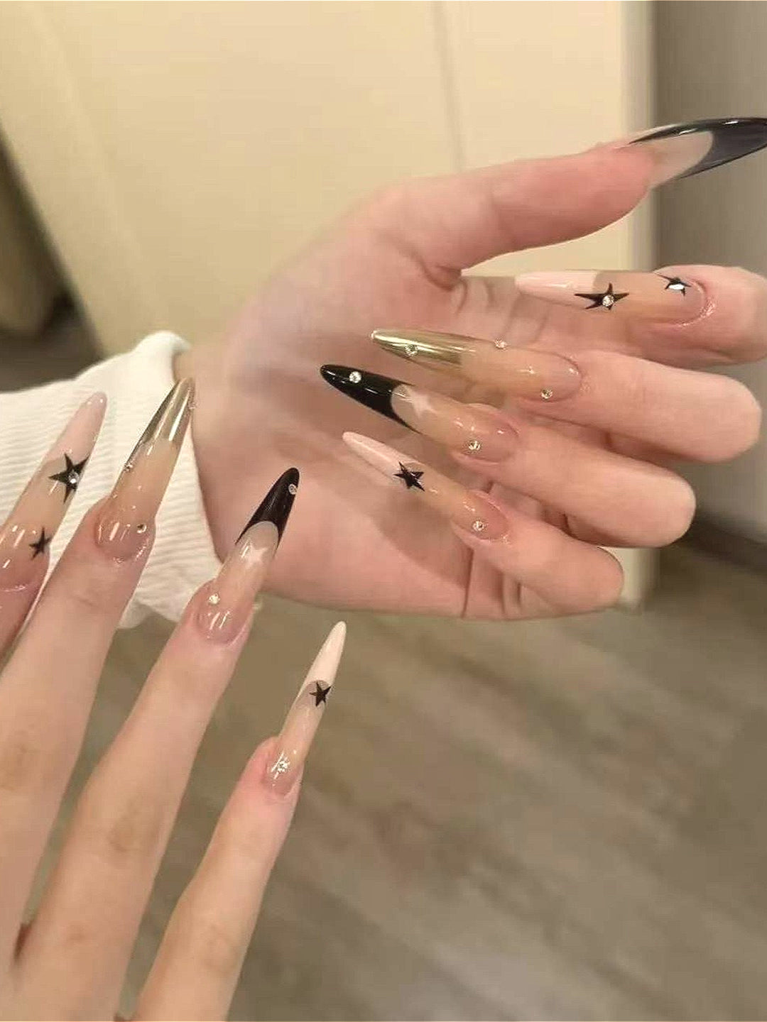 Y2K French Black Pink Star Press On Nails