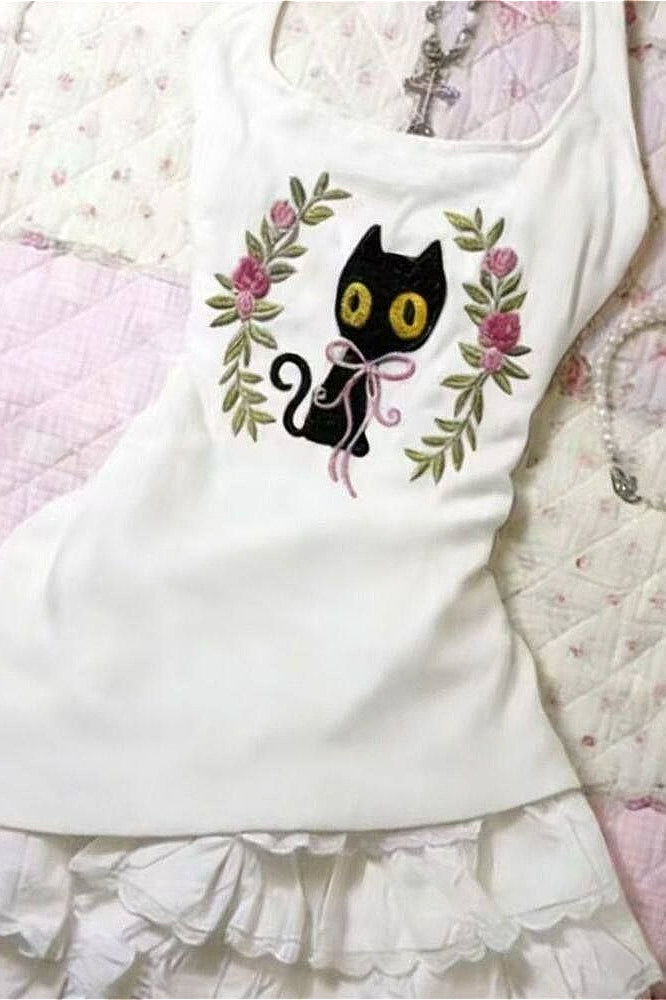 Vintage Y2K Cat Embroidery Halter Top