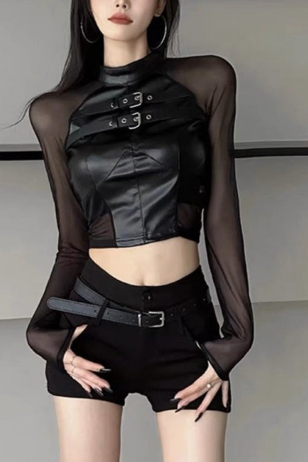 Chic Asymmetrical Mesh Paneled Mesh Top Main image