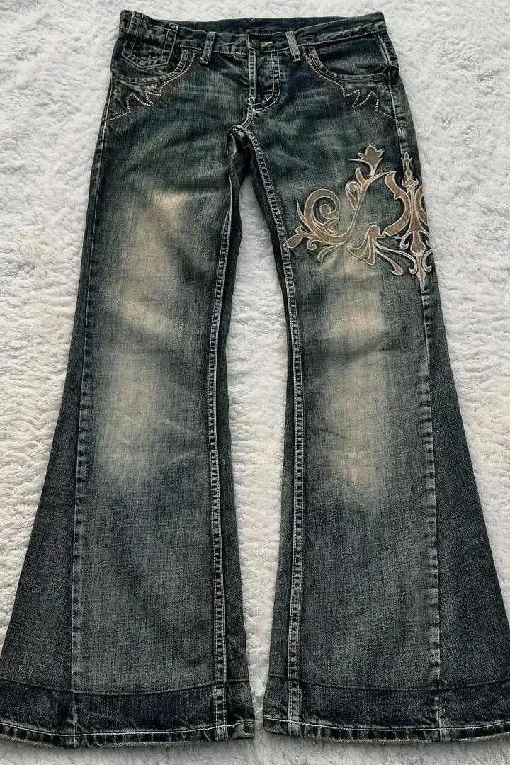 Retro Y2K Boho Tribal Embroidered Denim Pants Secondary image