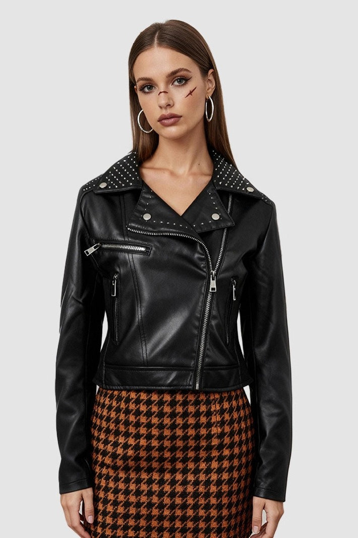 Rivet Trim Cropped Moto Leather Jacket