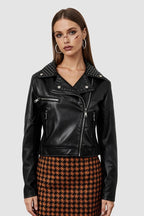 Rivet Trim Cropped Moto Leather Jacket