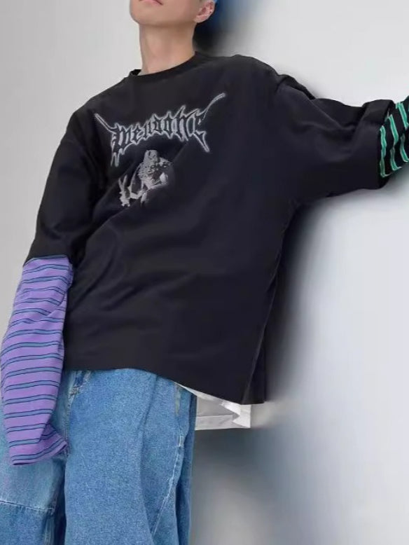 Gothic Stripe Color-block Layered Long Sleeve Knit Top Secondary image