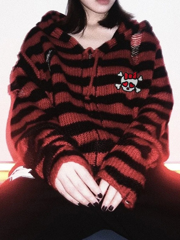 Harajuku Gothic Skull Striped Knitted Zipper Hoodie Main image