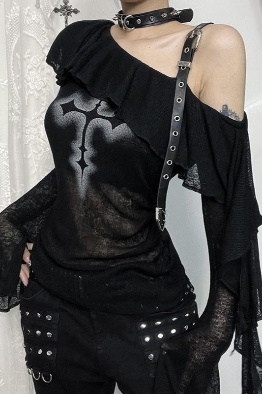 Cross Graphic Asymmetric Ruffle Sweatshirt