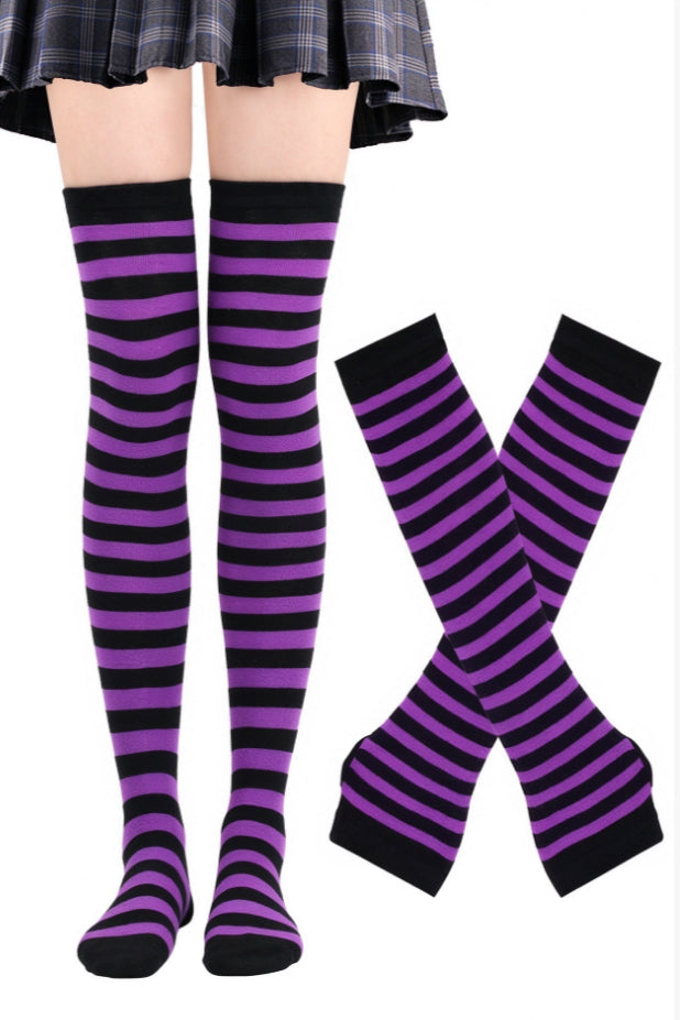 Striped Plain Matching Glove Set Socks