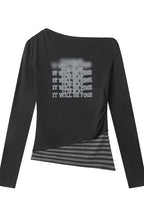 Virtual Patchwork Off Shoulder Asymmetric T-shirt