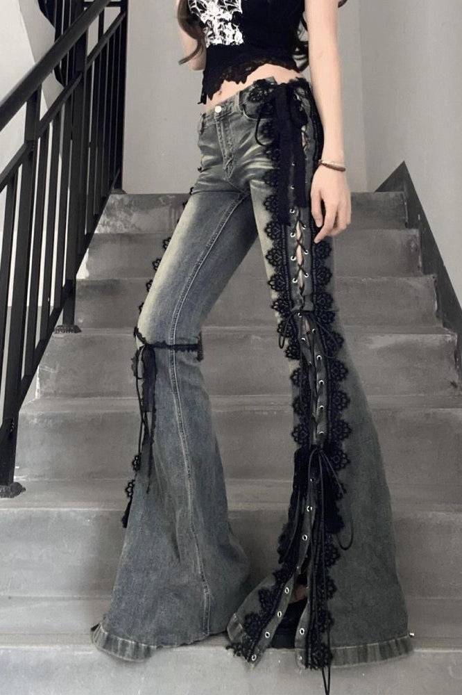 Y2K Retro Lace-Up Split Slim Flare Denim Pants Secondary image