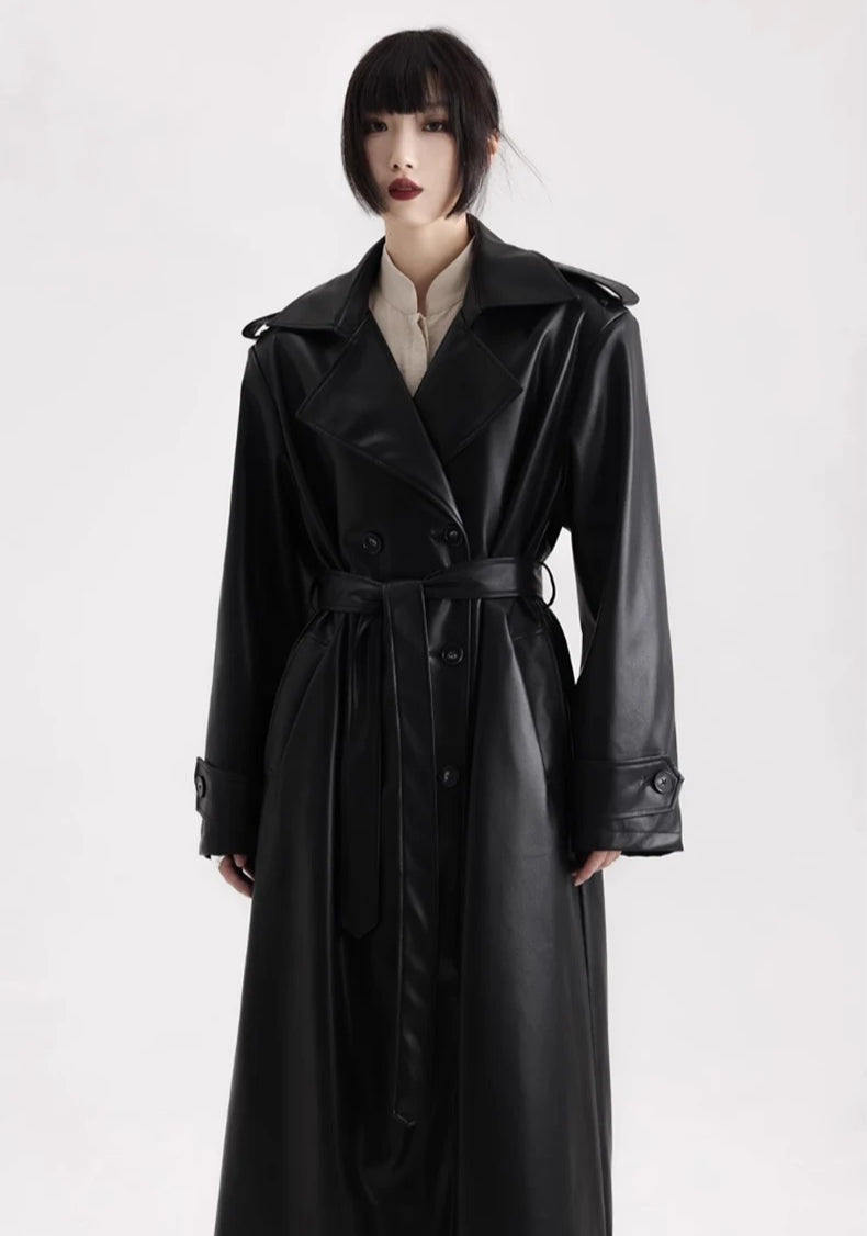 Long Black Soft Leather Long Coat