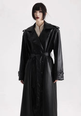Long Black Soft Leather Long Coat