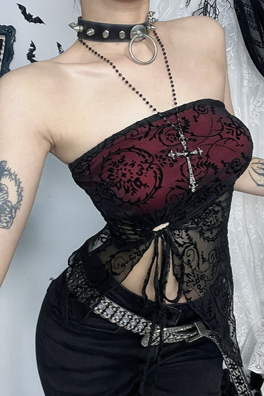 Gothic Flocked Strapless Slim Fit Tank Top