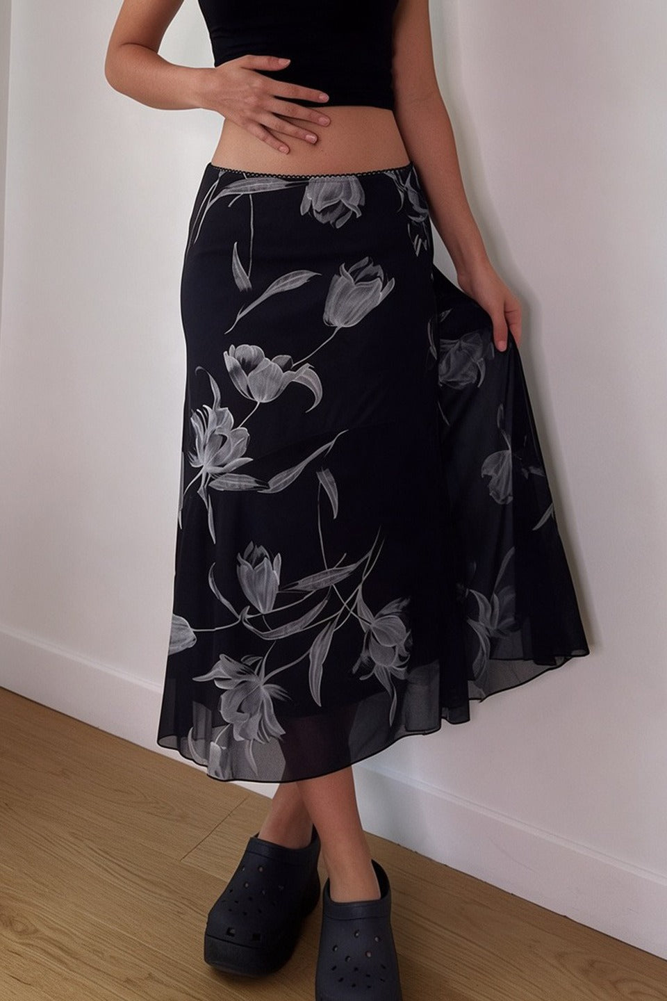 Monochrome Floral Mesh Midi Skirts
