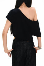 Asymmetric Shoulder Cropped Plain T-Shirt