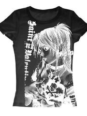 Gothic Anime Print Cropped Short Sleeve T-shirt