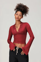 Slim Deep V Bell Sleeve Lace Trim Knit Top