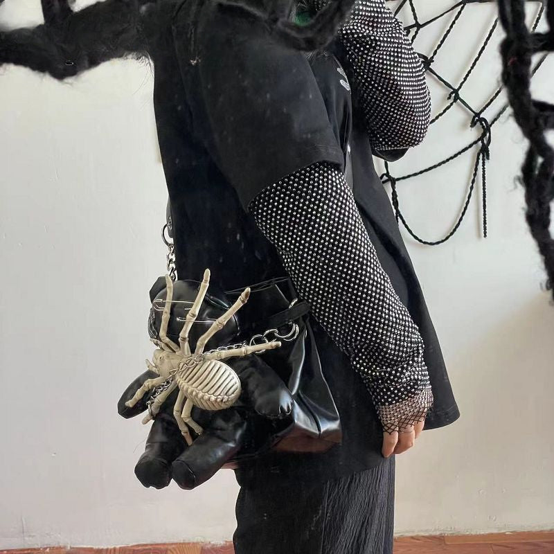 Harajuku Leather Punk Y2K Spider Bone Little Bear Pin Gothic Lolita Crossbody Bag Halloween