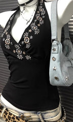 Y2K Black V-neck Embroidered Halter Backless Retro Cami Top