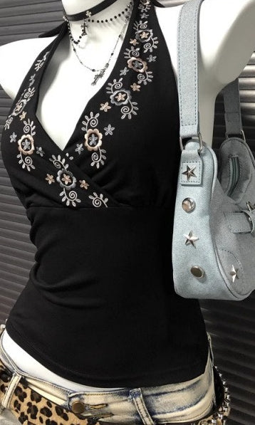 Y2K Black V-neck Embroidered Halter Backless Retro Cami Top