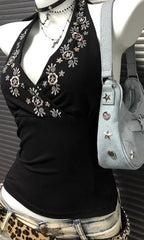 Y2K Black V-neck Embroidered Halter Backless Retro camis