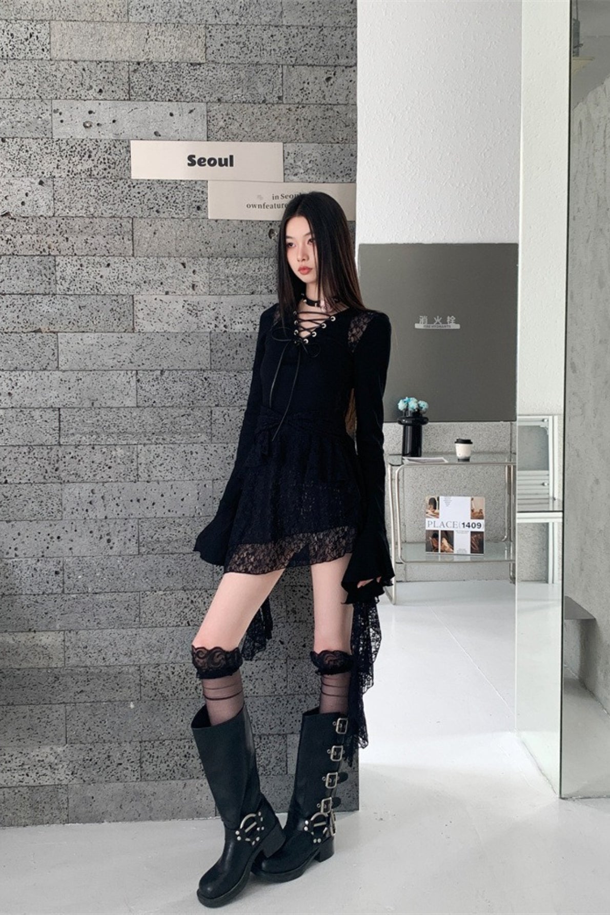 Dark Punk Gothic Lace Patchwork Ruffled Mini Dress