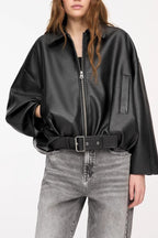 Belted Faux Leather Bomber Jackets