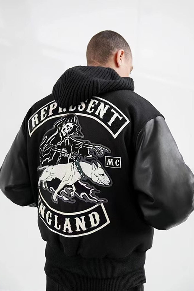 Dog Embroidered Leather Sleeve American Retro Baseball Jacket