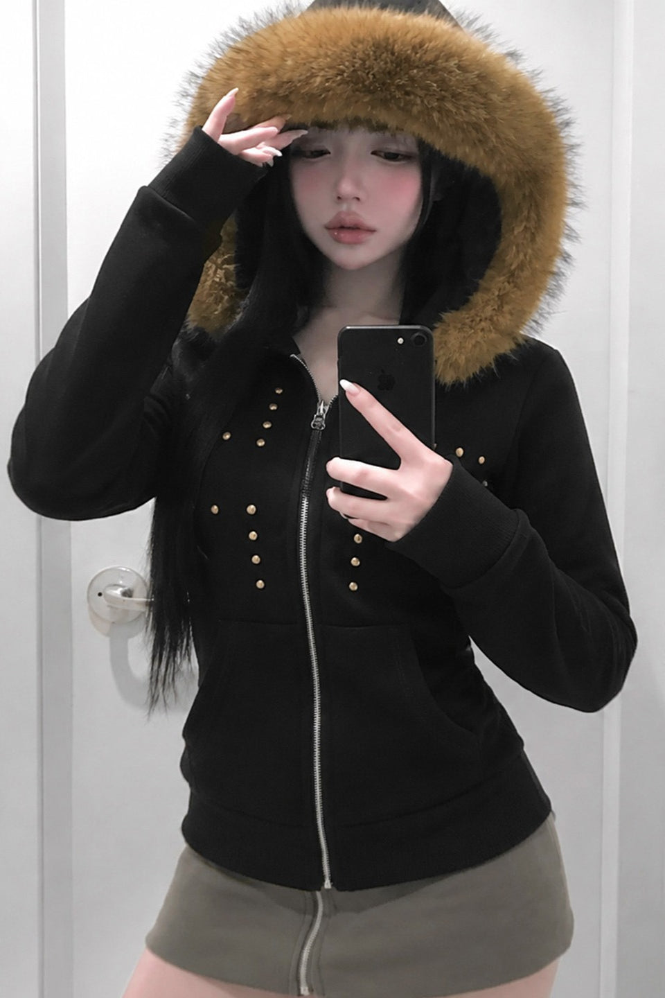 Studded Front Fluffy Trim Hoodies