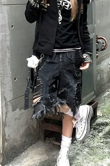 Punk Deconstructed Ripped Cropped Denim Shorts Main image